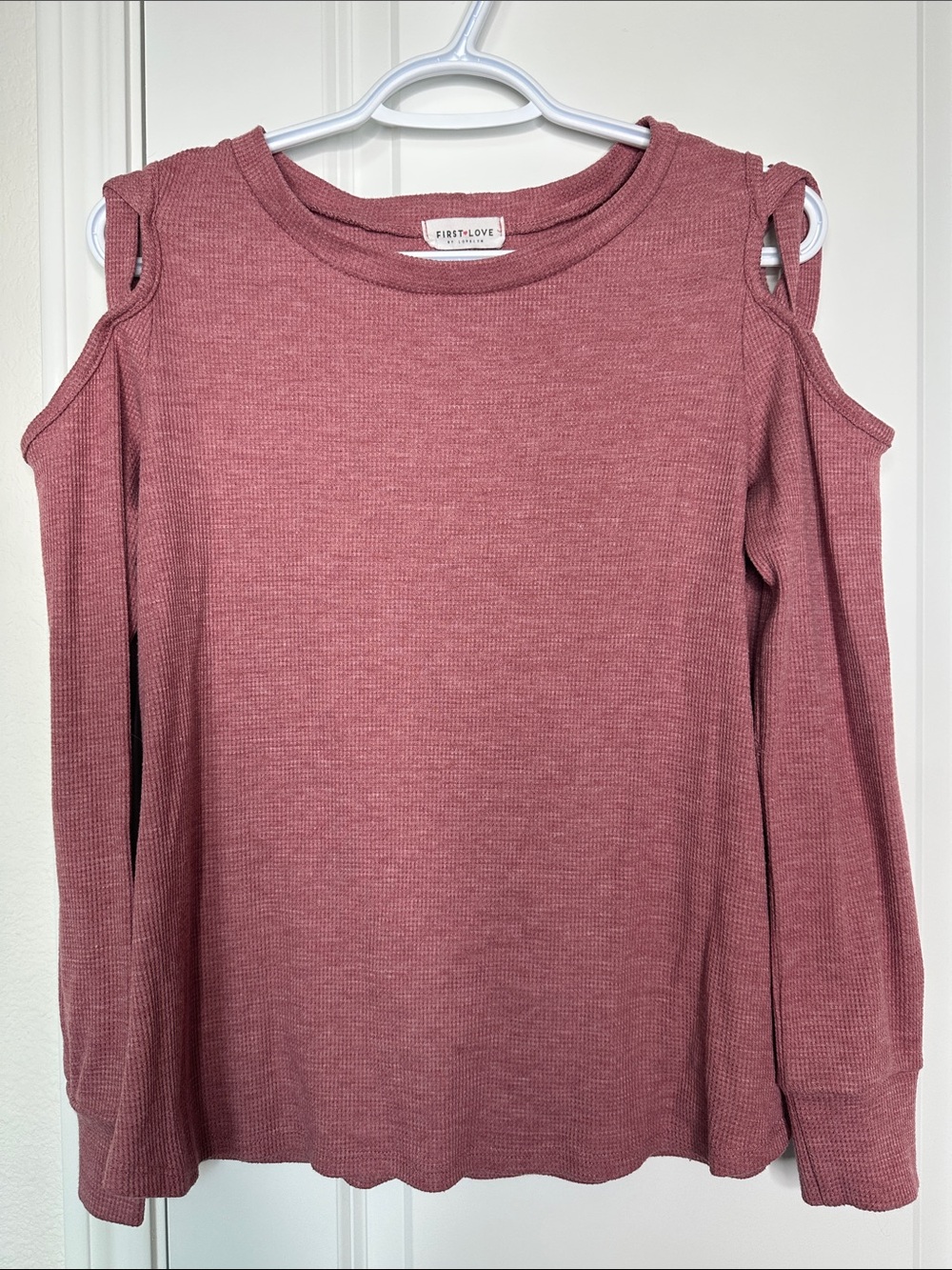 First Love Cold-Shoulder Waffle Knit Long Sleeve Top in Dusty Rose